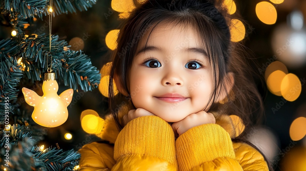 Wall mural christmas cheer: a young girl beams with holiday spirit, her eyes sparkling with joy as she gazes at