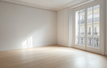 Modern empty room with large window overlooking the street in a contemporary building during daylight
