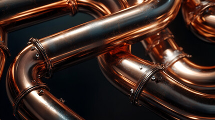 Naklejka premium Shiny Copper Pipes Close Up Plumbing Industrial Metal Construction Material