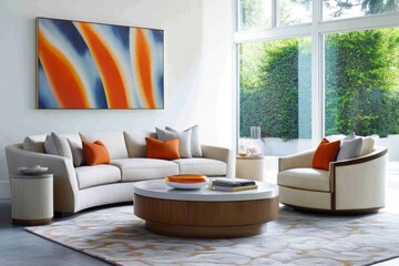 Modern Living Room with Abstract Painting and Contemporary Neutral Furniture