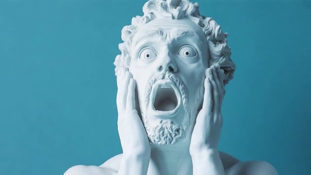 A lifelike sculpture of a man in disbelief, with wide eyes and hands on his face, set against a bright turquoise backdrop.