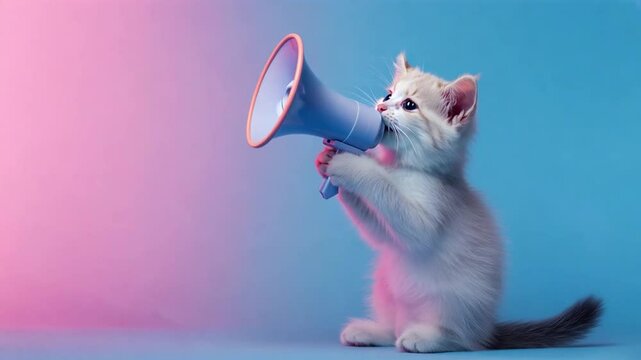 A fluffy kitten engages with a megaphone, announcing offer for pets against a bright pink and blue backdrop with copy space