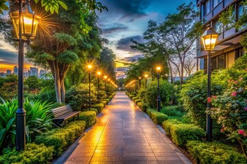 Obraz premium Enchanted Green Pathway at Dusk - Urban Exploration Photography