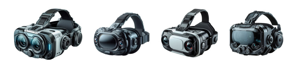 A virtual reality headset, VR headset is a head-mounted device, on white background