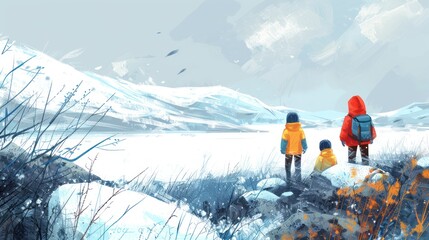 Three People Gazing at a Snowy Mountain Range