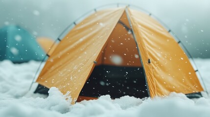 Yellow camping tent in the snow, surrounded by falling snowflakes.