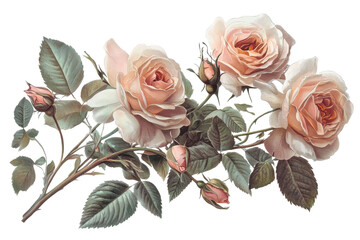 Elegant vintage botanical illustration of blooming pink roses with lush green leaves, ideal for floral art and decor.