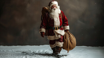 santa claus in the night. Winter postcard. Xmas. Happy New Year. Merry Christmas. Santa Claus on the street. Santa Claus walking with a full sack of Christmas gifts 