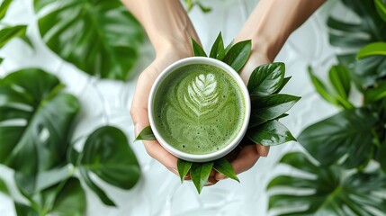 Green matcha latte art in a white cup held over tropical leaves, vibrant and calming green tea, vegan matcha drink, wellness concept, health beverage, plant-based refreshment, copy space.

