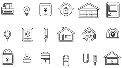 Set of line icons in linear style. Series - Home security and protection. Alarm system, locking, smart home, lock and key.Outline icon collection. Conceptual pictogram and infographic.
