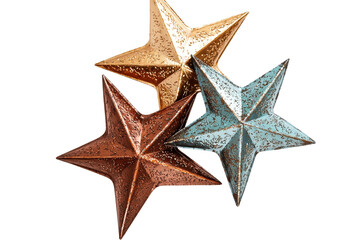 Obraz premium Three metallic star decorations in copper, gold, and silver finishes, showcasing a vibrant blend of rich textures and shimmering hues.