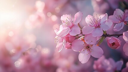 Naklejka premium Pink blooms abound on a focal branch against a hazy background of pink blossoms