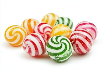Fototapeta premium A vibrant assortment of colorful swirled hard candies, showcasing their playful patterns and bright hues.