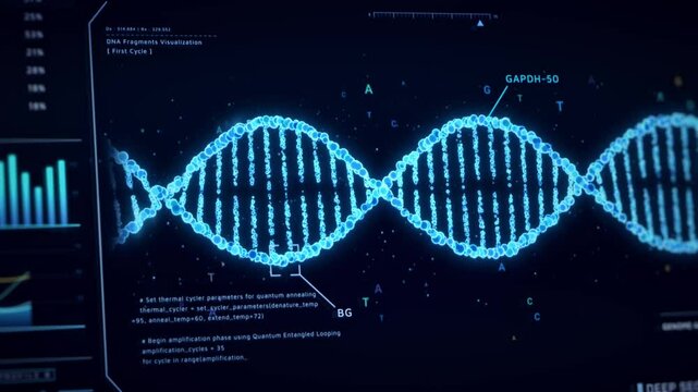 DNA Helix analysis visualization data, genome sequence ui screen, futuristic genetic engineering lab infographic interface, 3D biotechnology scan report dashboard, medical science technology backgound