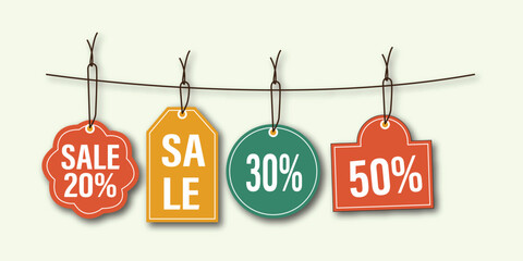 A collection of sale signs, big sale, sale label, sale tag signs with the price of off.
