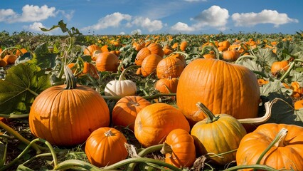Colorful Pumpkin Patch Under Clear Blue Sky