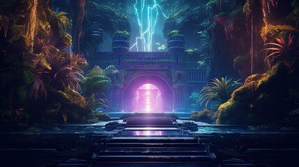 Mysterious door in the jungle. Neon colored scene with magic portal in the woods. Magic gate