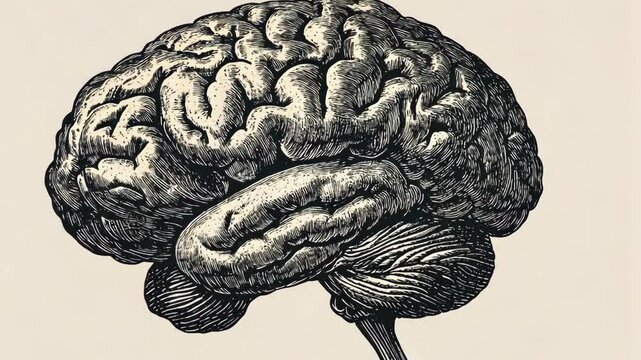 A detailed, black-and-white illustration of a human brain