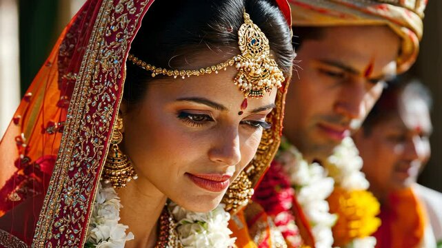 A bride and groom wear traditional Indian clothing during their wedding ceremony