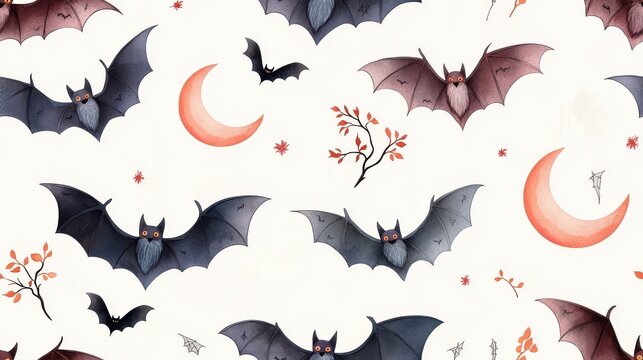 Colorful bats and moons pattern on a soft white background., Tile , Seamless Pattern
