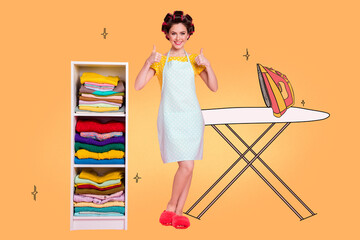 Composite photo collage of happy girl housewife pedant folded clothes shelf iron board dry household chores isolated on painted background