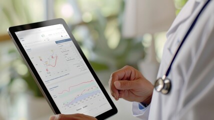 Doctor discussing health data visualization on tablet in medical office