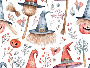 Colorful Halloween elements, witches hats, pumpkins, white background., Tile , Seamless Pattern
