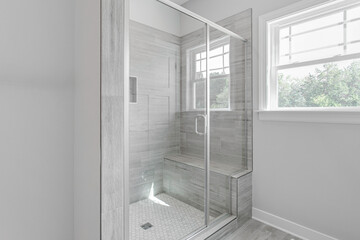 Contemporary Glass Shower With Rainfall-Style Fixture.