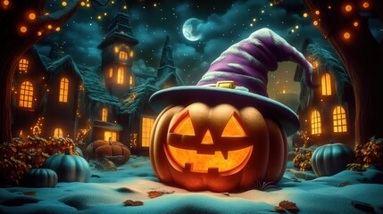 Obraz premium Spooky Halloween Illustration of a Glowing Jack-o’-Lantern with Witch Hat – Haunted House and Bats at Sunset