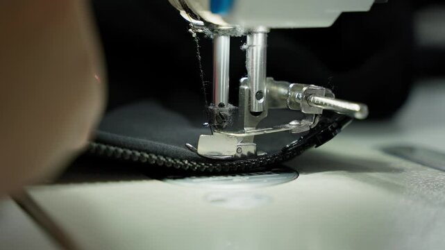 Sewing zipper to material. Concept of precision sewing.