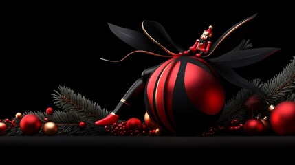 Red and Black Christmas Ornament: A captivating Christmas still life featuring a large red and black Christmas bauble, adorned with a playful elf figurine and elegant black ribbon.