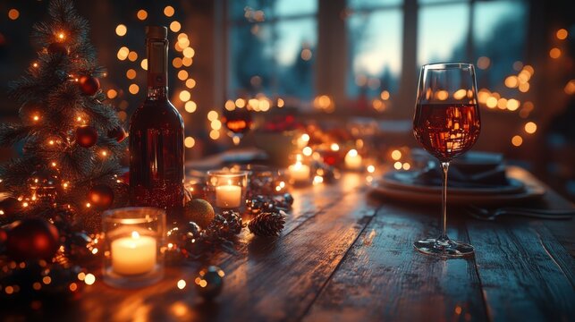 Stunning New Year Table Setting with Bokeh Effect on a Wooden Table for Celebrations
