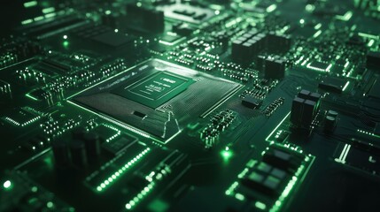 Obraz premium Sleek Green Circuit Board with Glowing Components in 3D Futuristic Design