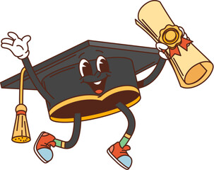 Groovy student graduation cap character, retro academic hat personage with a diploma scroll in its hand celebrating success with a victorious pose. Isolated cartoon vector mortarboard cap embodies joy