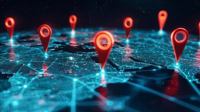 Glowing red location pins are scattered across a digital map of the world, showcasing data connectivity and global navigation