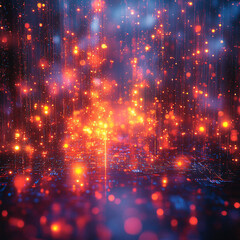 Fototapeta premium A dynamic futuristic scene showcasing glowing digital data streams and vibrant neon lights in a cityscape. The abstract light patterns depict the flow of information