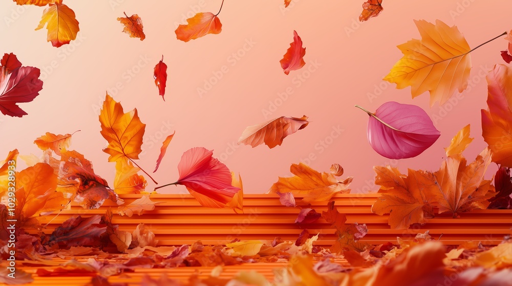 Wall mural Colorful autumn leaves swirling in a gentle breeze against a soft warm backdrop during fall season