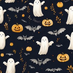 Ghosts and bats pattern with pumpkins on dark background, Tile , Seamless Pattern