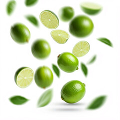 fresh green limes falling through the air with leaves
