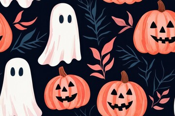 Halloween ghosts and pumpkins pattern on dark background., Tile , Seamless Pattern