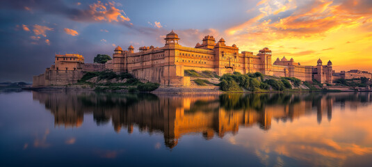 Fototapeta premium Panoramic view of historic sand stone fort in India concept, with lake and perfect reflection Generative AI image .