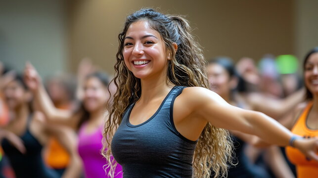A group of participants in a dance fitness class like Zumba or aerobics, enjoying music, movement, and community