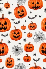 Halloween pumpkins, bats, spiders, and webs, white isolate background, Tile , Seamless Pattern