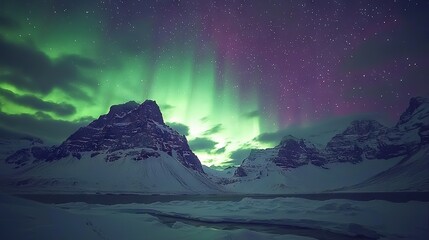   A majestic mountain cloaked in snow beneath a stunning green and purple sky, adorned with countless glistening stars overhead