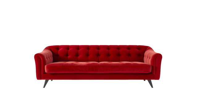 Long red velvet soft sofa on isolated PNG background.