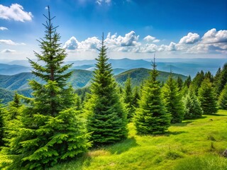 Obraz premium Evergreen Spruce-Fir Trees on Round Bald in the Appalachian Mountains Under Clear Blue Sky