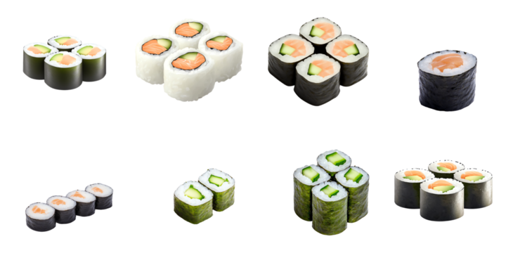 Assorted sushi rolls on white background transparent background