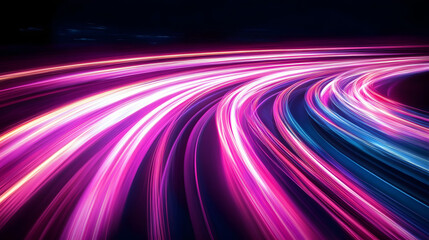 abstract light trails in vibrant pink and neon hues against dark background dynamic curves and streaks create sense of speed and connectivity