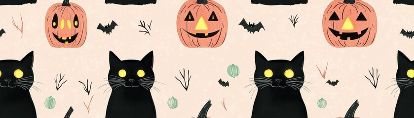 Halloween themed illustration with black cats and pumpkins., Tile , Seamless Pattern