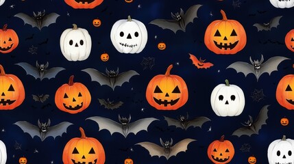 Halloween themed pattern featuring pumpkins and bats., Tile , Seamless Pattern
